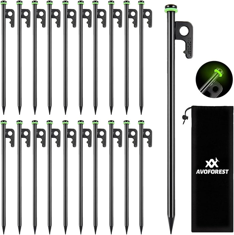 AVOFOREST 12Inch Heavy Duty Tent Stakes,20 PCS Tent Pegs Metal+Fluorescent Silicone Rings+ Storage Bag for Camping (20pcs) - Image 1